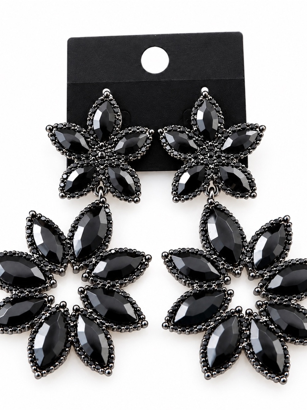 Black Crystal Floral Drop Earrings - Elegant Statement Jewelry